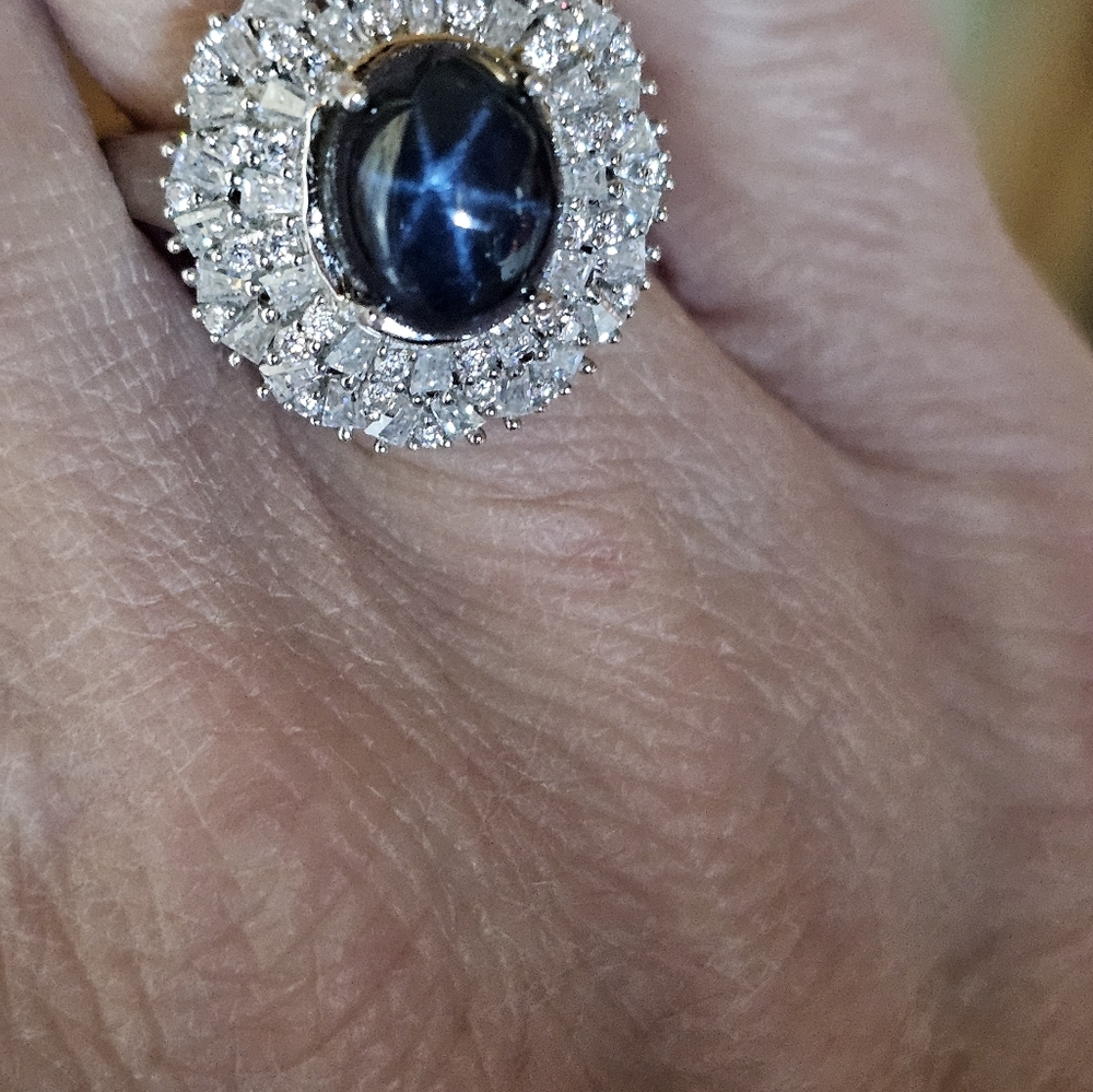 Genuine Blue Star Sapphire & Moissanite Ring Platinum Over Sterling Silver Sz 7! - Picture 9 of 11